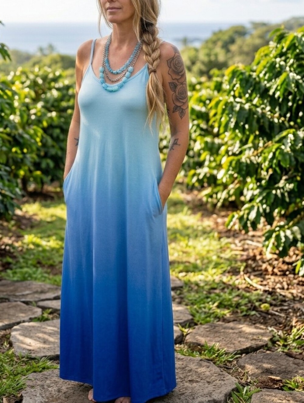 Bundle Maxi Dress - Ombre Dress & Blue Layered Chain Necklace In "Honu" Shop Bag - Picture 1 of 15